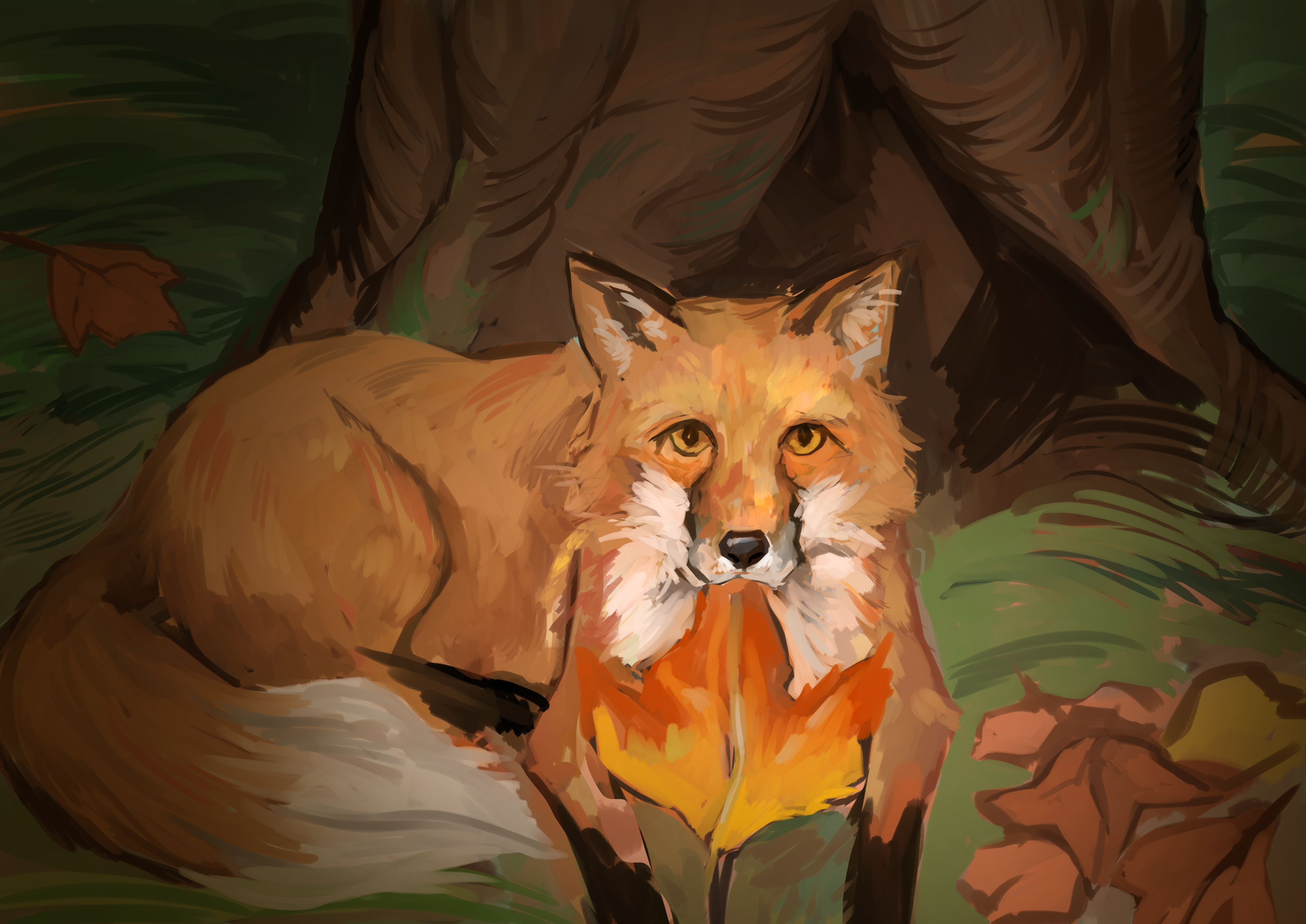 Fox, awake, holding leaf in mouth
