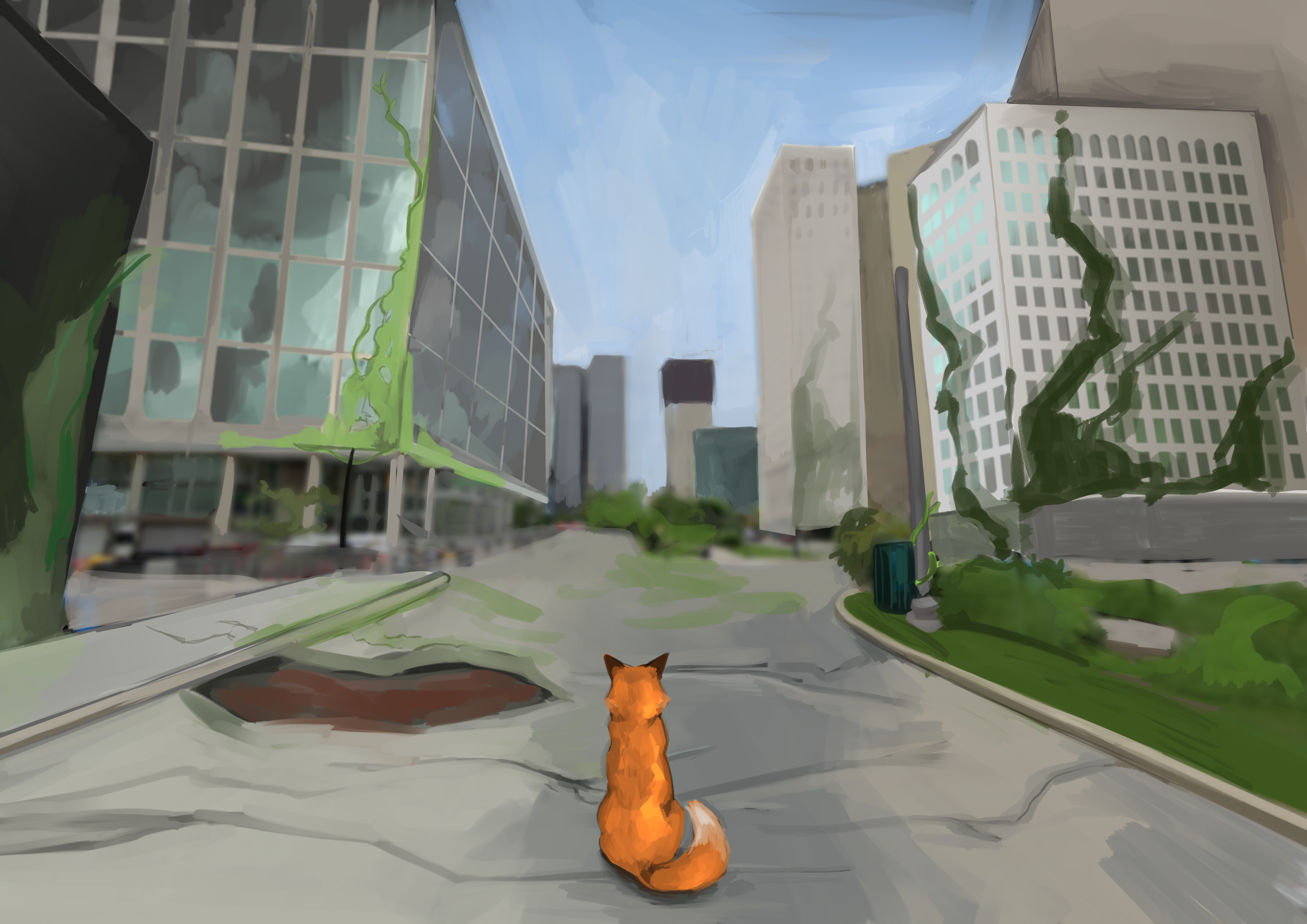 A fox staring at a city covered in overgrowth