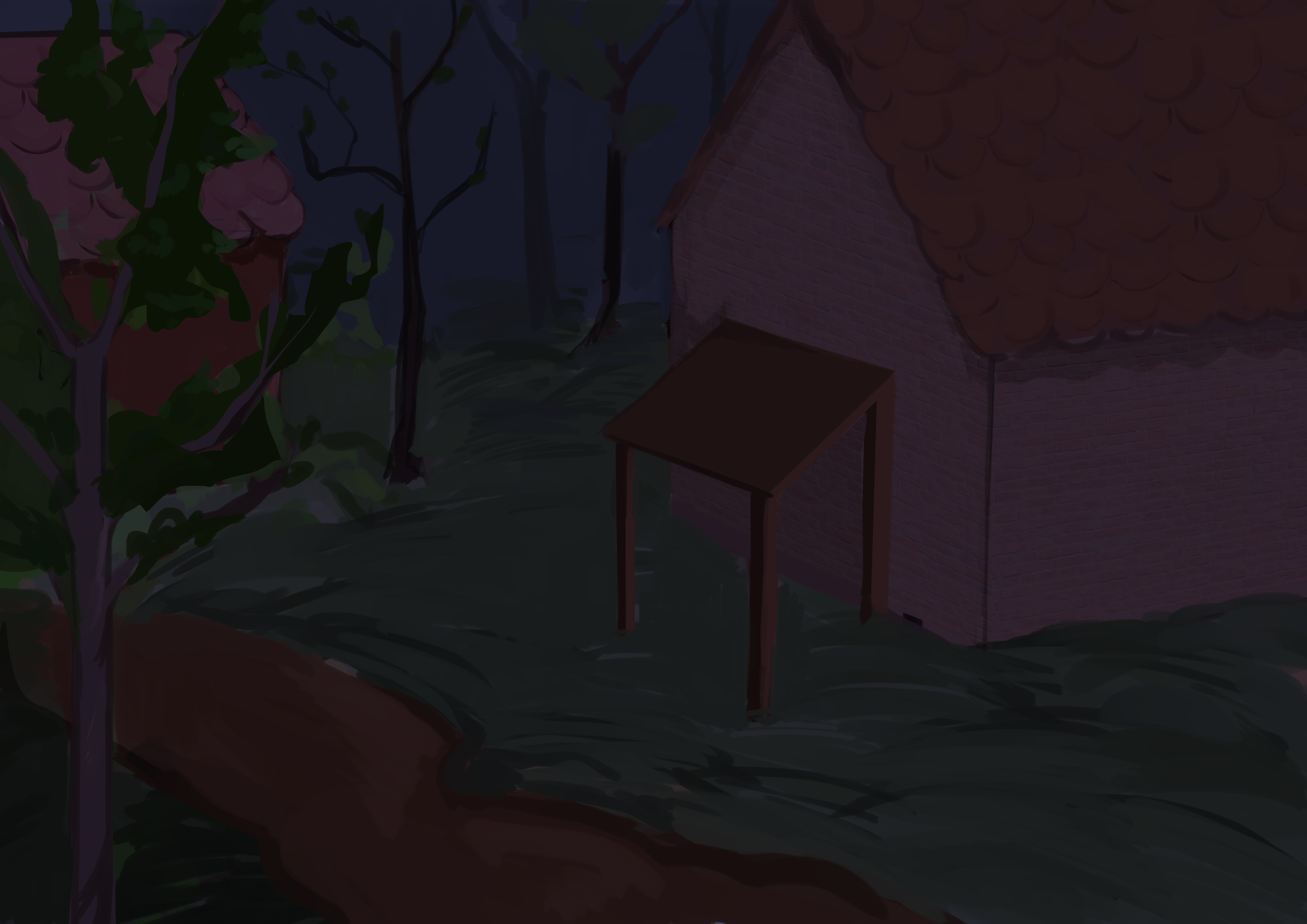 Fox walking through abandoned cottages