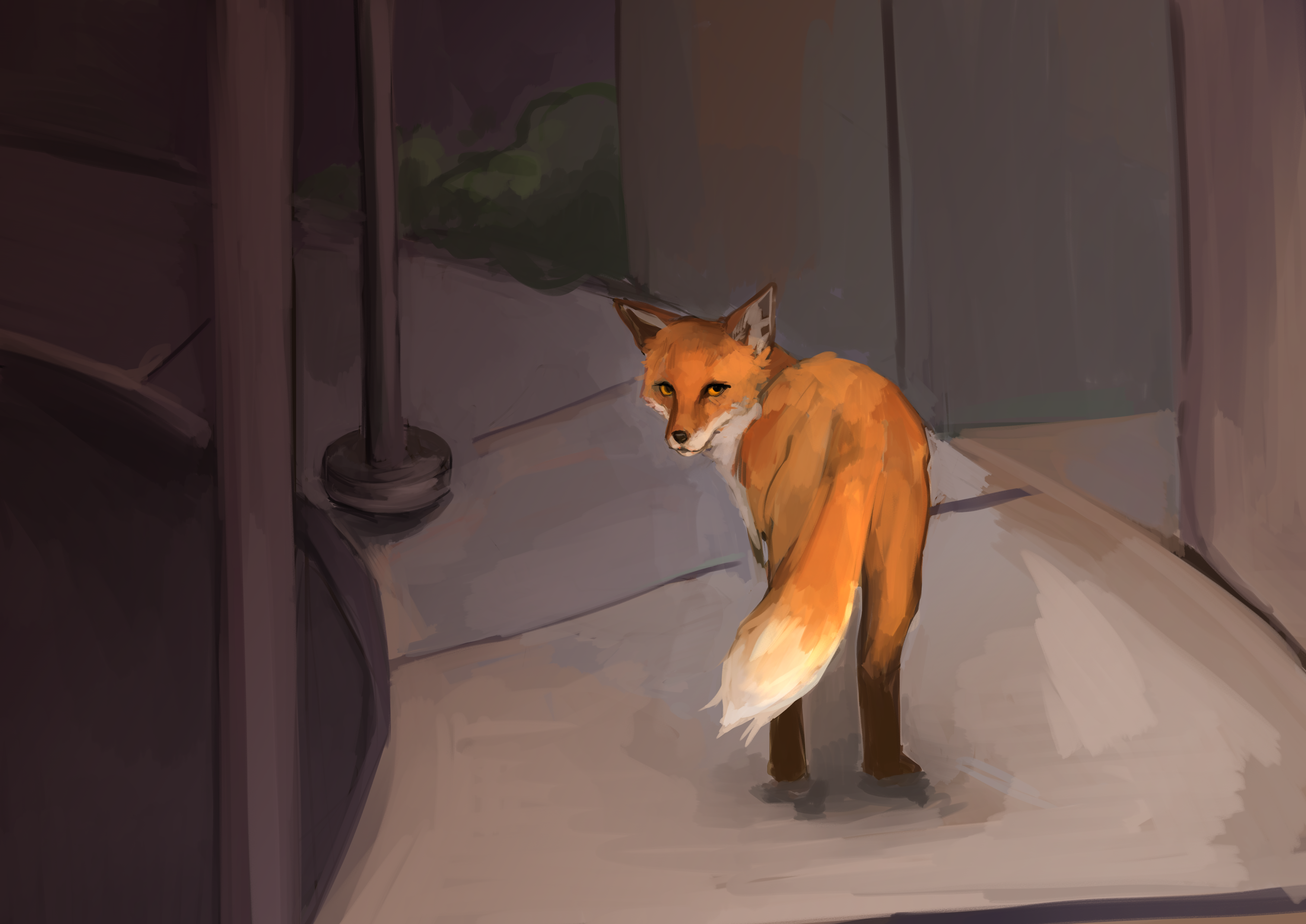 Drawing of fox standing in destroyed street