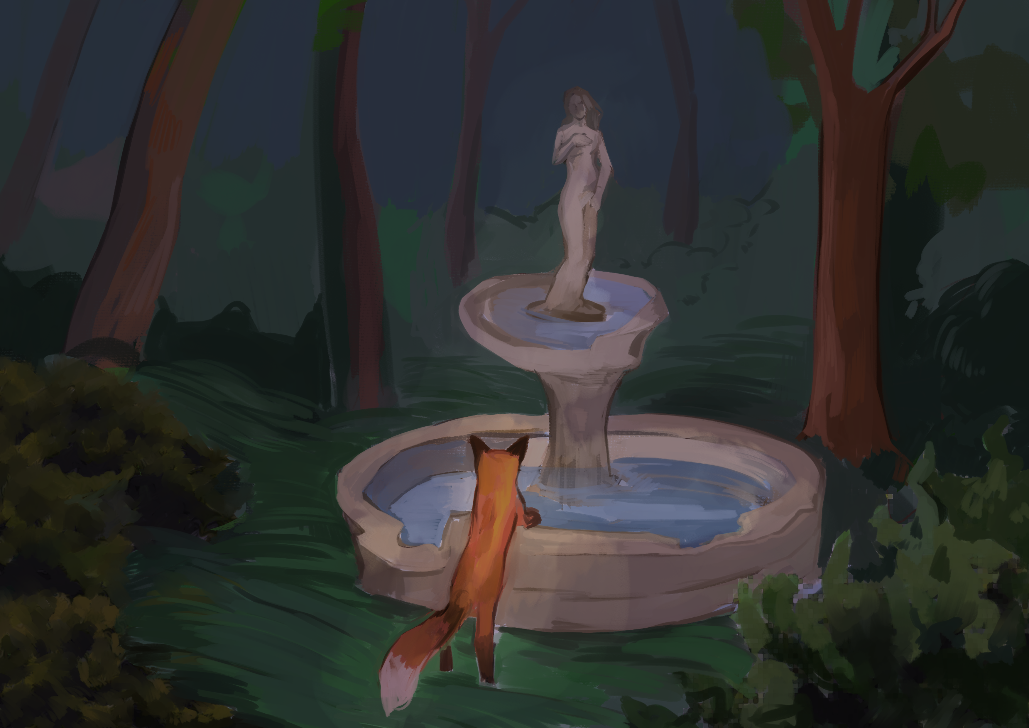 Fox looking at broken fountain