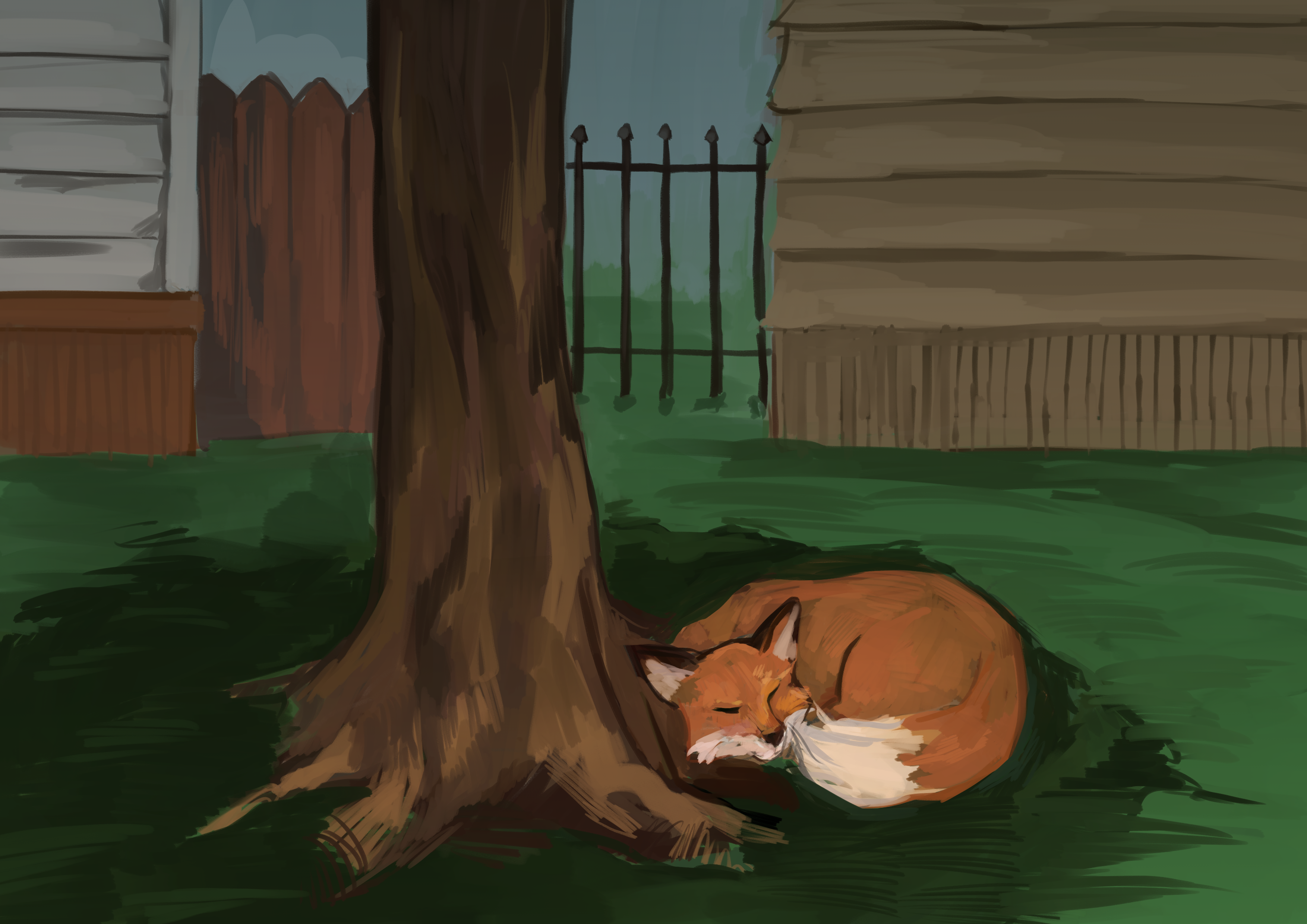 Fox sleeping under a tree