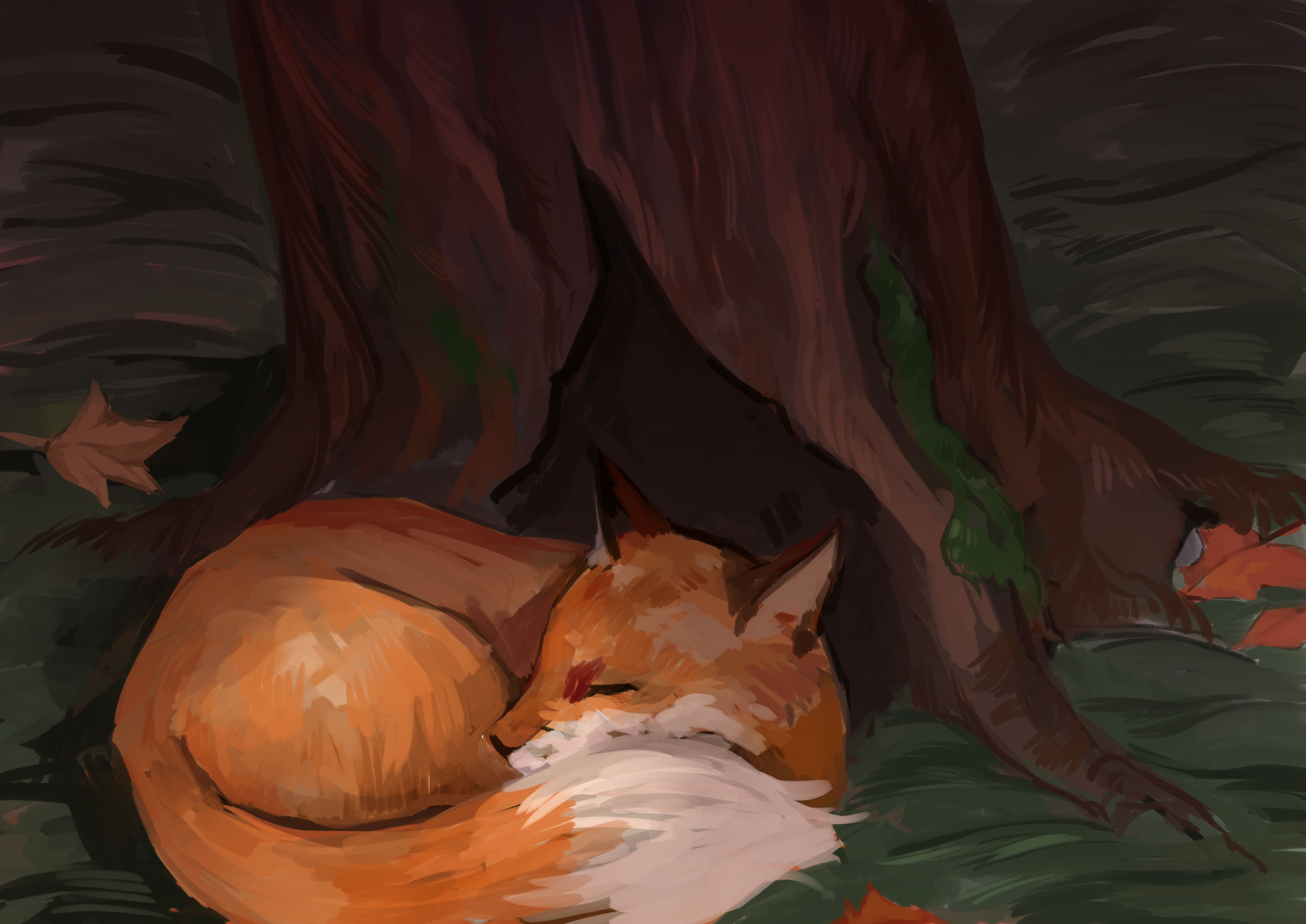 Fox sleeping in a burrow